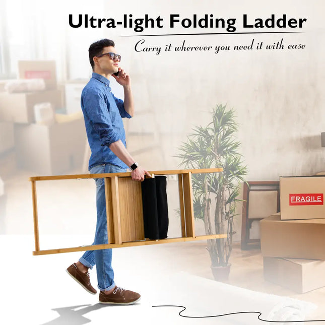 3 Step Foldable Bamboo Step Ladder Stool with Tool Storage Bag-Natural - Natural - Ladders