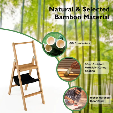 3 Step Foldable Bamboo Step Ladder Stool with Tool Storage Bag-Natural - Natural - Ladders