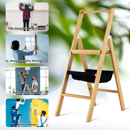 3 Step Foldable Bamboo Step Ladder Stool with Tool Storage Bag-Natural - Natural - Ladders