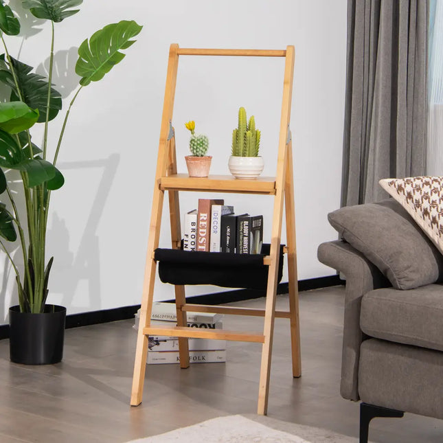 3 Step Foldable Bamboo Step Ladder Stool with Tool Storage Bag-Natural - Natural - Ladders