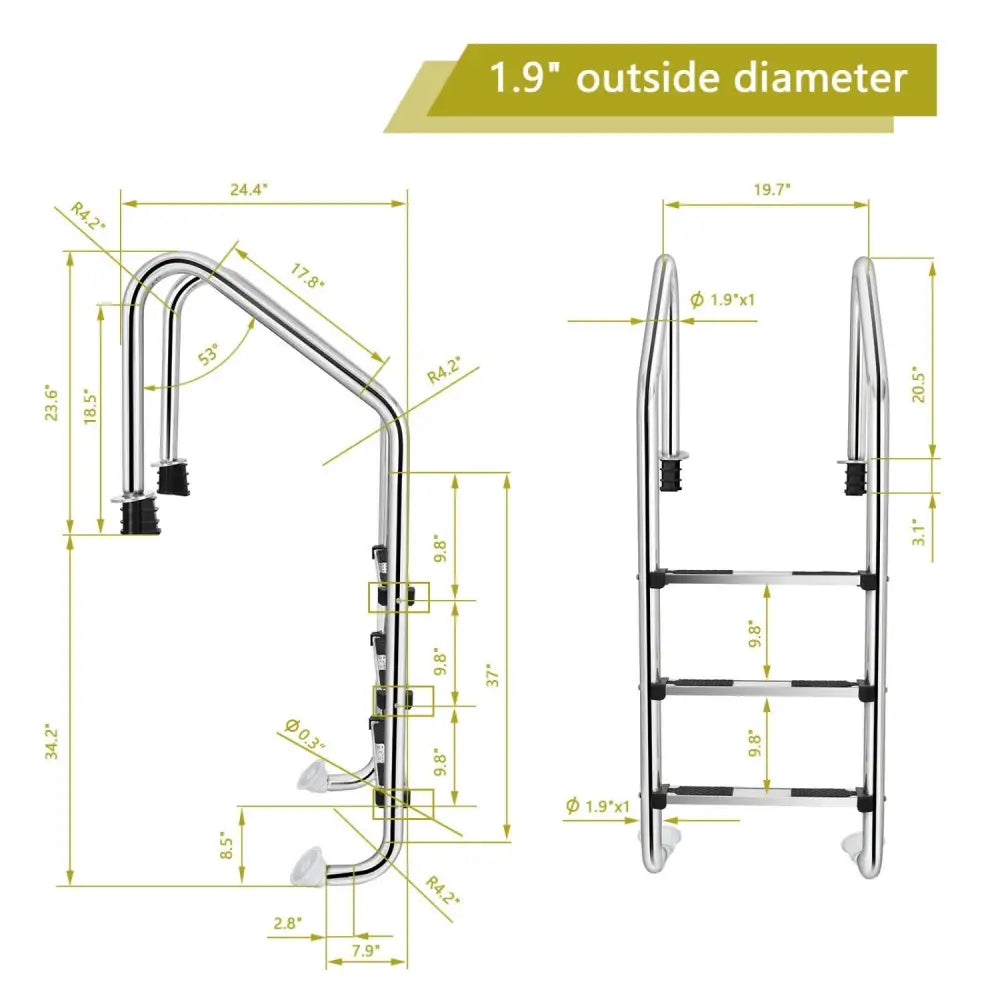 3-Step Stainless Steel Swimming Pool Ladder with Anti-Slip Step - Silver - Swimming Pools