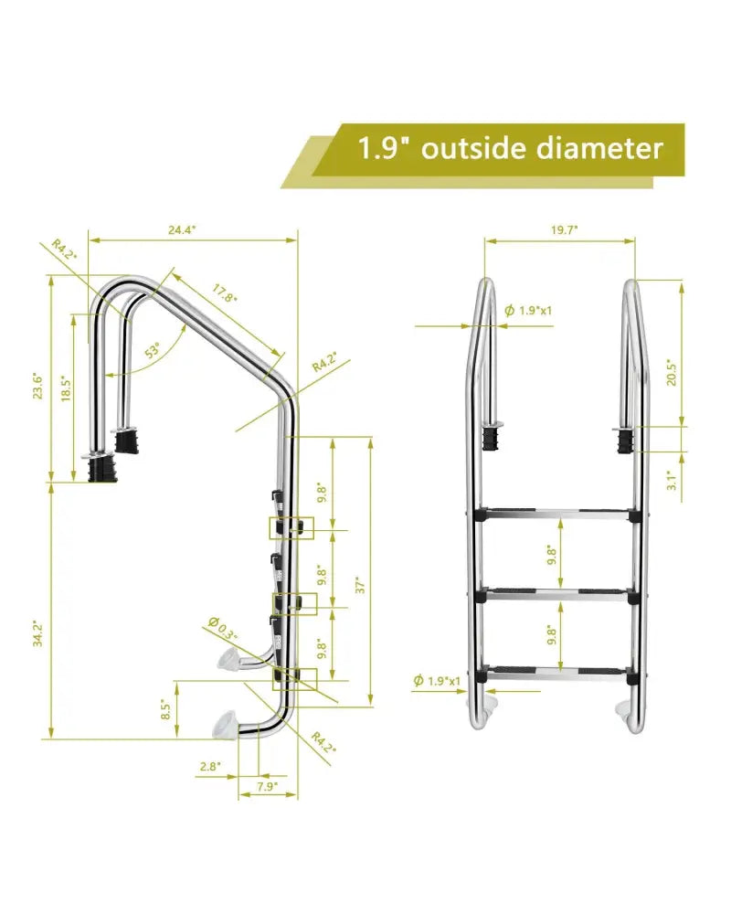 3-Step Stainless Steel Swimming Pool Ladder with Anti-Slip Step - Silver - Swimming Pools