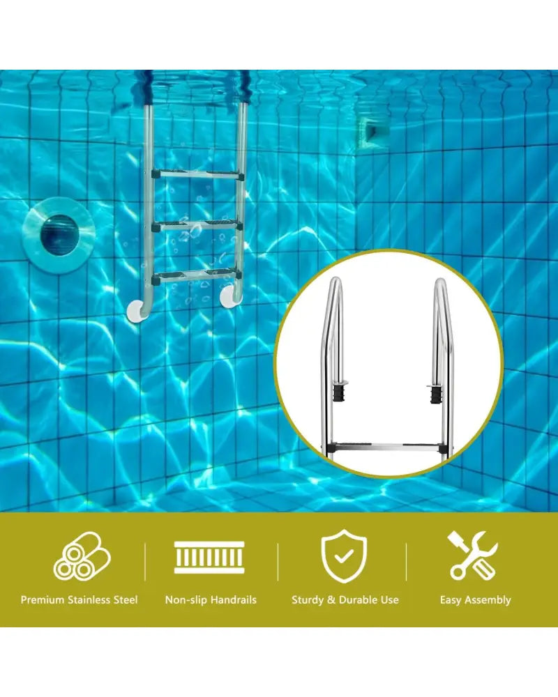 3-Step Stainless Steel Swimming Pool Ladder with Anti-Slip Step - Silver - Swimming Pools