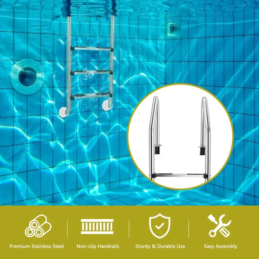 3-Step Stainless Steel Swimming Pool Ladder with Anti-Slip Step - Silver - Swimming Pools