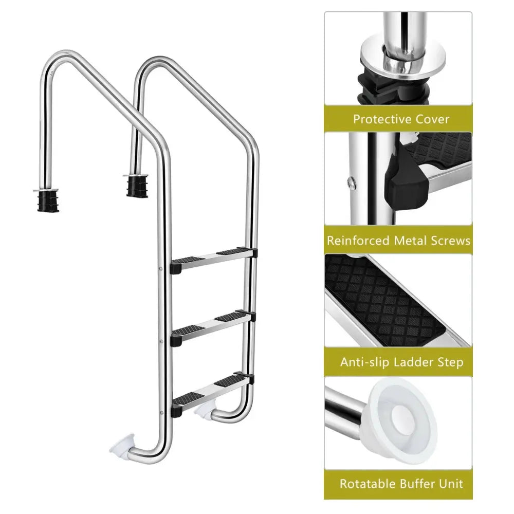 3-Step Stainless Steel Swimming Pool Ladder with Anti-Slip Step - Silver - Swimming Pools