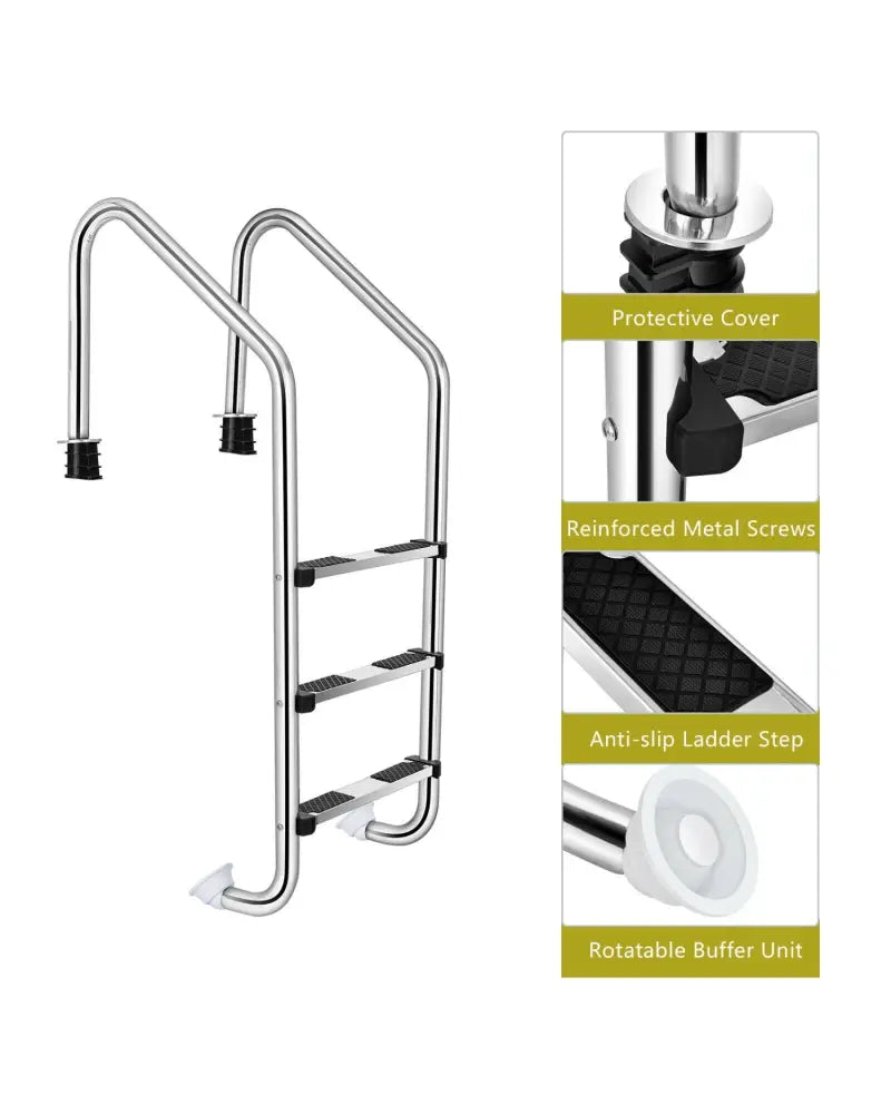 3-Step Stainless Steel Swimming Pool Ladder with Anti-Slip Step - Silver - Swimming Pools