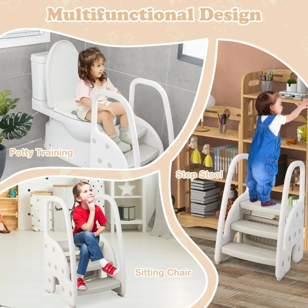 3-Step Stool with Safety Handles and Non-slip Pedals for Toddlers-Gray - Gray - Toddler & Kids Furniture