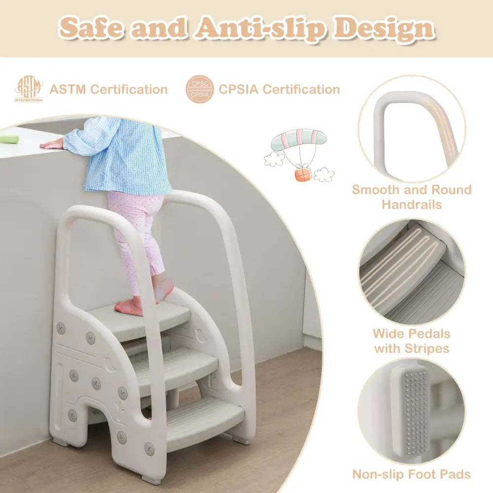 3-Step Stool with Safety Handles and Non-slip Pedals for Toddlers-Gray - Gray - Toddler & Kids Furniture