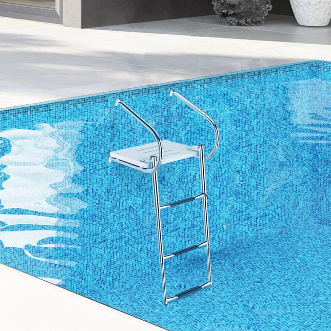3-Step Telescoping Boat Ladder with Fiberglass Platform and Handrails - Silver - Swimming Pools