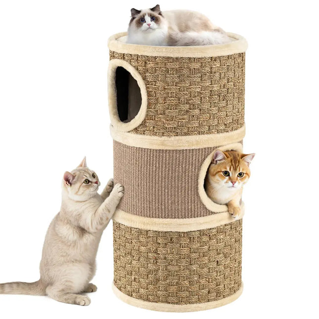 3-Story Cat Condo 28 Inch Multi-level Cat Hideaway with Sisal Scratching Pad-Brown - Brown - Cat Trees Condos &