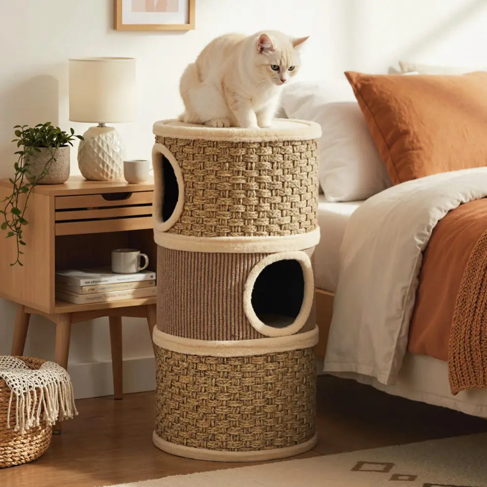 3-Story Cat Condo 28 Inch Multi-level Cat Hideaway with Sisal Scratching Pad-Brown - Brown - Cat Trees Condos &