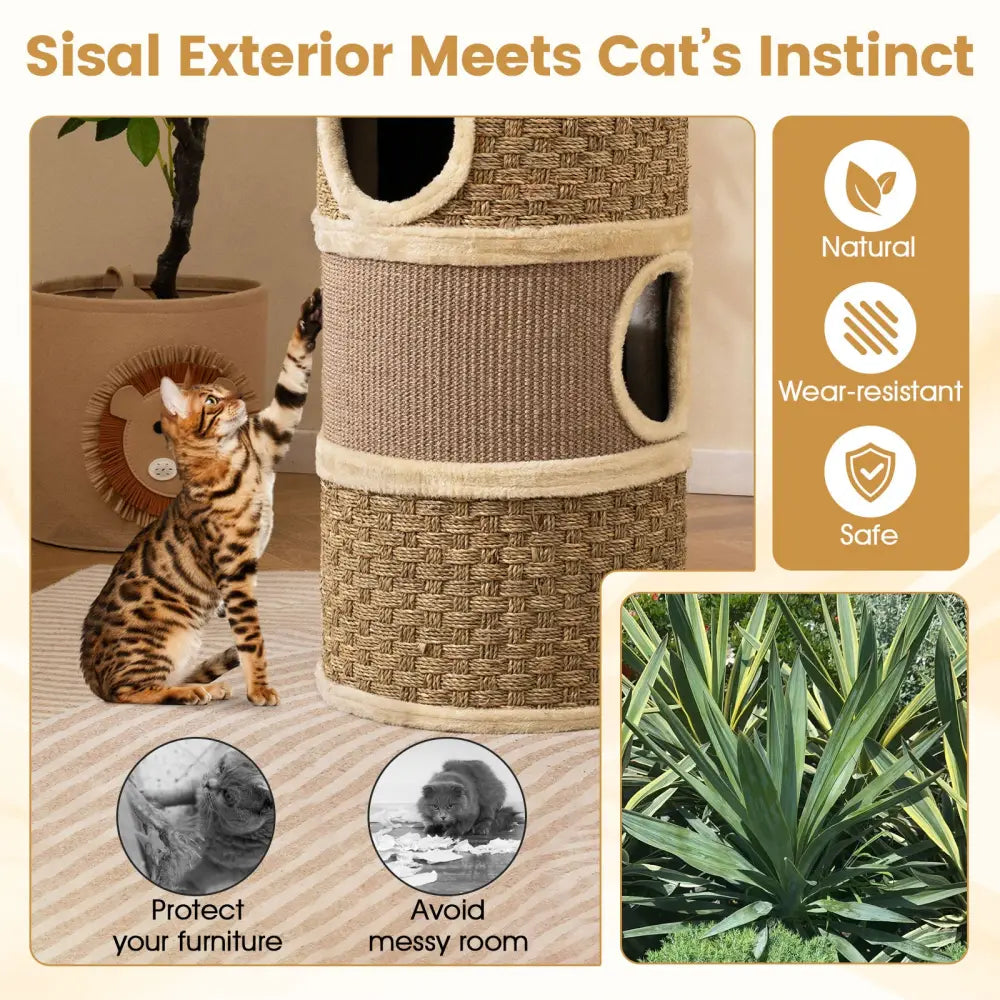 3-Story Cat Condo 28 Inch Multi-level Cat Hideaway with Sisal Scratching Pad-Brown - Brown - Cat Trees Condos &