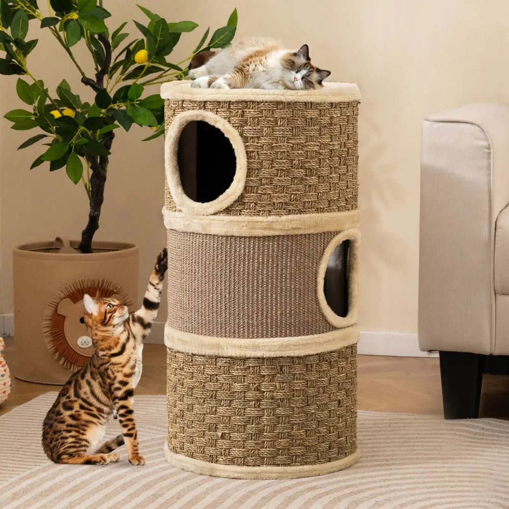 3-Story Cat Condo 28 Inch Multi-level Cat Hideaway with Sisal Scratching Pad-Brown - Brown - Cat Trees Condos &