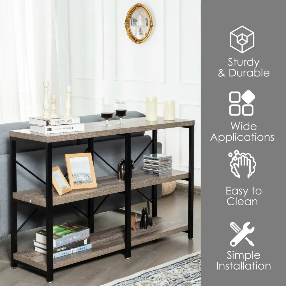 3 Tier 47 Inch Console Metal Frame Sofa Table-Natural - Natural - Console Tables