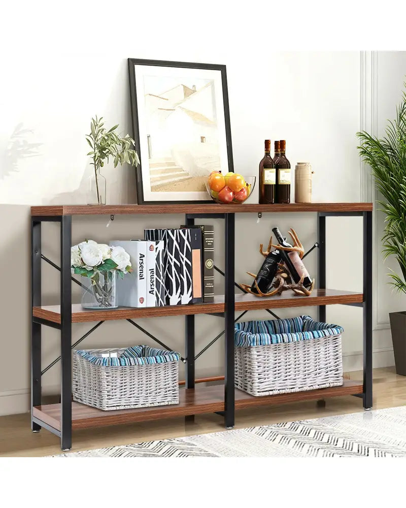 3 Tier 47 Inch Console Metal Frame Sofa Table-Rustic Brown - Rustic Brown - Console Tables