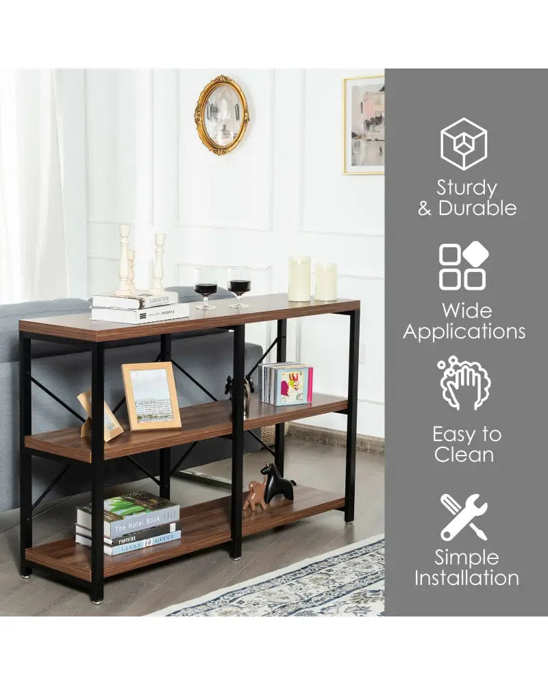 3 Tier 47 Inch Console Metal Frame Sofa Table-Rustic Brown - Rustic Brown - Console Tables