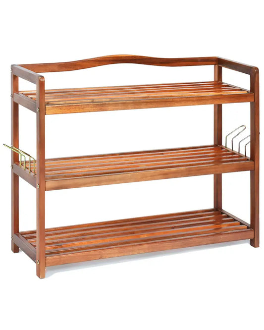 3-Tier Acacia Wood Shoe Rack with Side Metal Hooks - Natural - Shoe Racks & Storage Benches