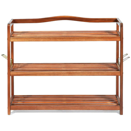 3-Tier Acacia Wood Shoe Rack with Side Metal Hooks - Natural - Shoe Racks & Storage Benches