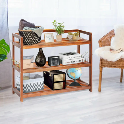 3-Tier Acacia Wood Shoe Rack with Side Metal Hooks - Natural - Shoe Racks & Storage Benches