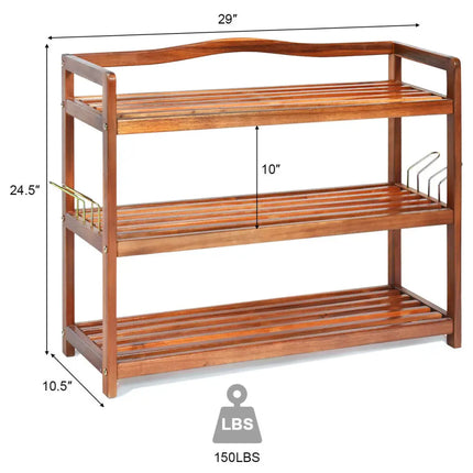 3-Tier Acacia Wood Shoe Rack with Side Metal Hooks - Natural - Shoe Racks & Storage Benches