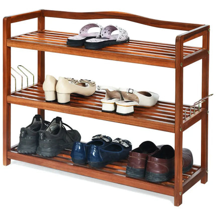 3-Tier Acacia Wood Shoe Rack with Side Metal Hooks - Natural - Shoe Racks & Storage Benches