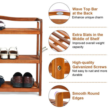 3-Tier Acacia Wood Shoe Rack with Side Metal Hooks - Natural - Shoe Racks & Storage Benches