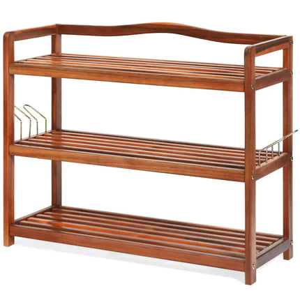 3-Tier Acacia Wood Shoe Rack with Side Metal Hooks - Natural - Shoe Racks & Storage Benches