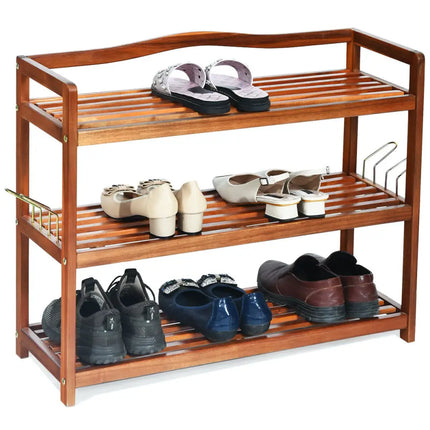 3-Tier Acacia Wood Shoe Rack with Side Metal Hooks - Natural - Shoe Racks & Storage Benches