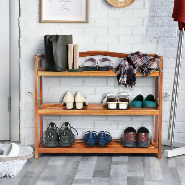 3-Tier Acacia Wood Shoe Rack with Side Metal Hooks - Natural - Shoe Racks & Storage Benches