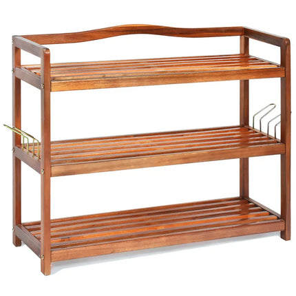 3-Tier Acacia Wood Shoe Rack with Side Metal Hooks - Natural - Shoe Racks & Storage Benches