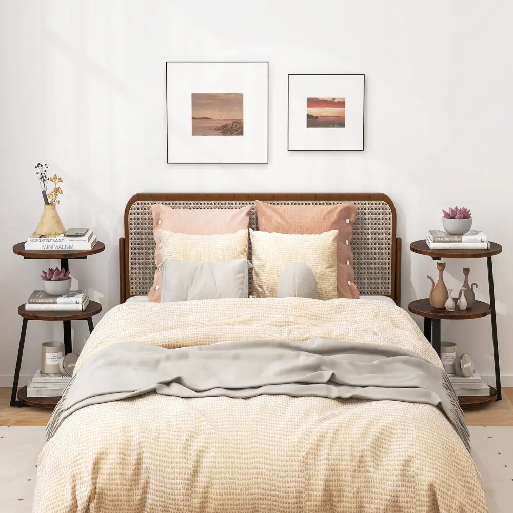 3-Tier Accent Round Side Table with Metal Frame-Set of 2 - Rustic Brown - End & Side Tables