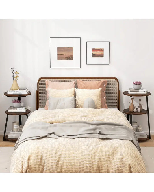 3-Tier Accent Round Side Table with Metal Frame-Set of 2 - Rustic Brown - End & Side Tables