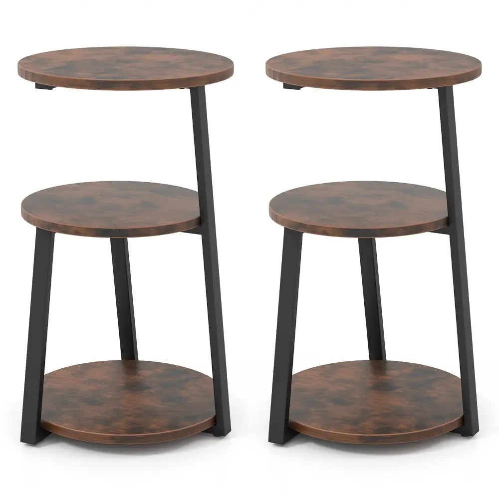 3-Tier Accent Round Side Table with Metal Frame-Set of 2 - Rustic Brown - End & Side Tables