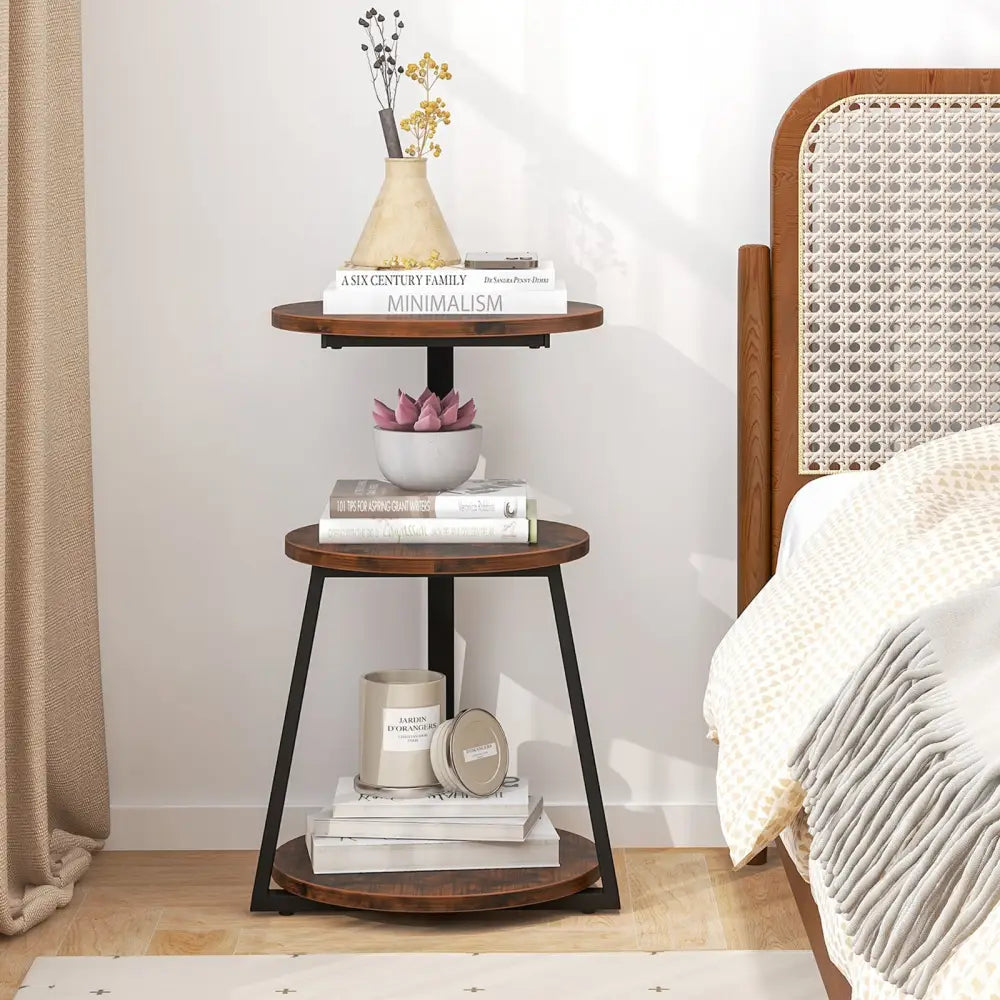 3-Tier Accent Round Side Table with Metal Frame-Set of 2 - Rustic Brown - End & Side Tables