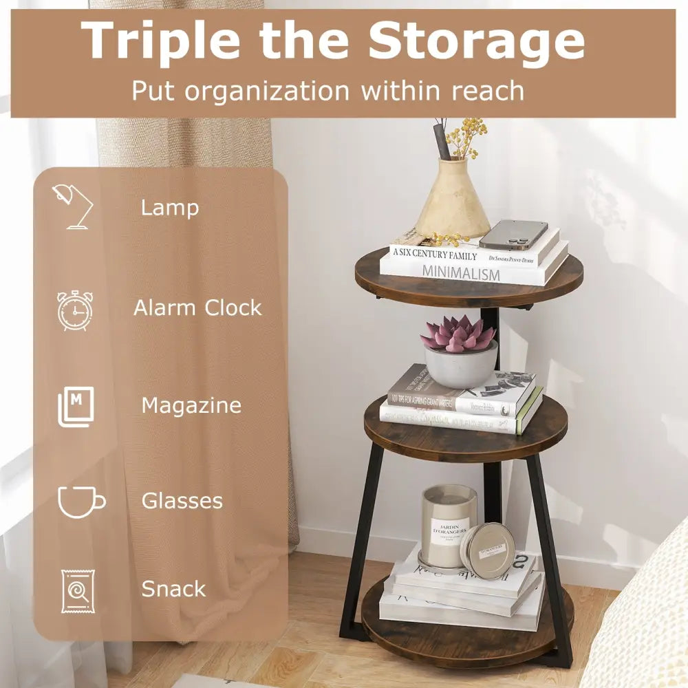 3-Tier Accent Round Side Table with Metal Frame-Set of 2 - Rustic Brown - End & Side Tables