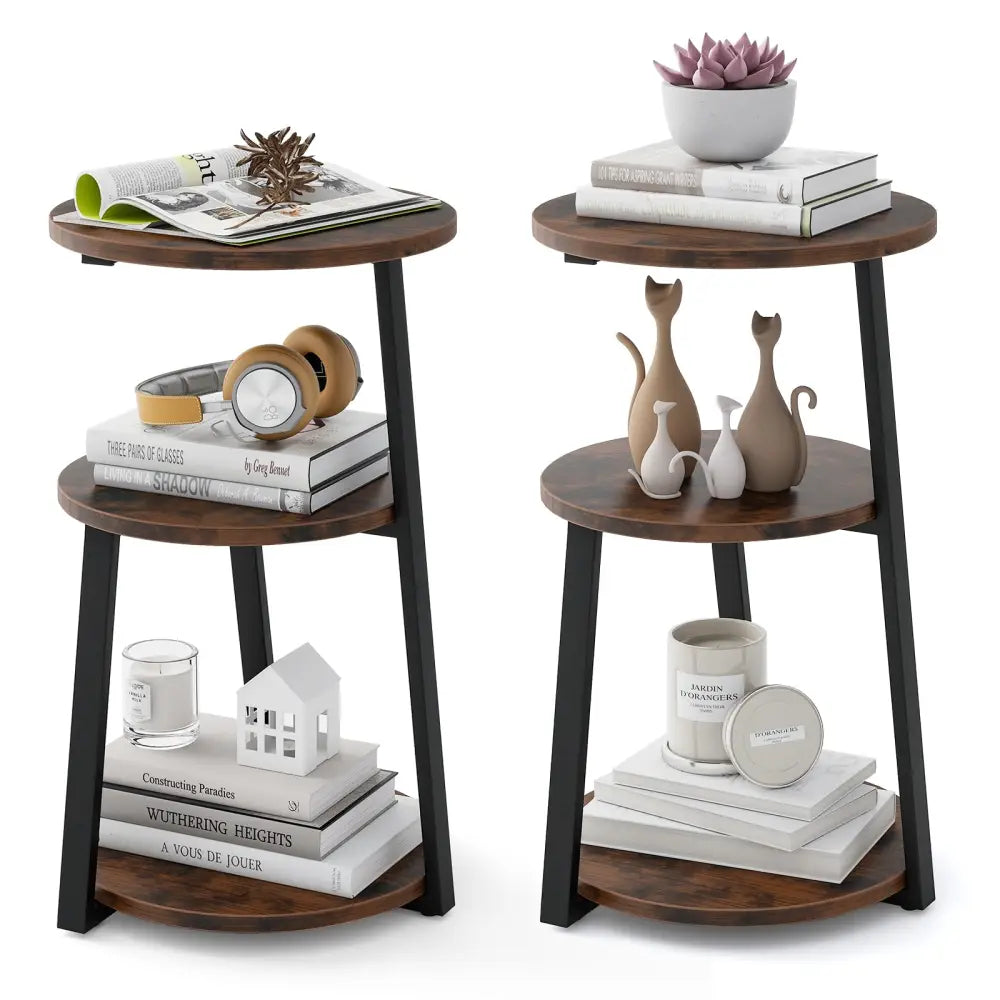 3-Tier Accent Round Side Table with Metal Frame-Set of 2 - Rustic Brown - End & Side Tables