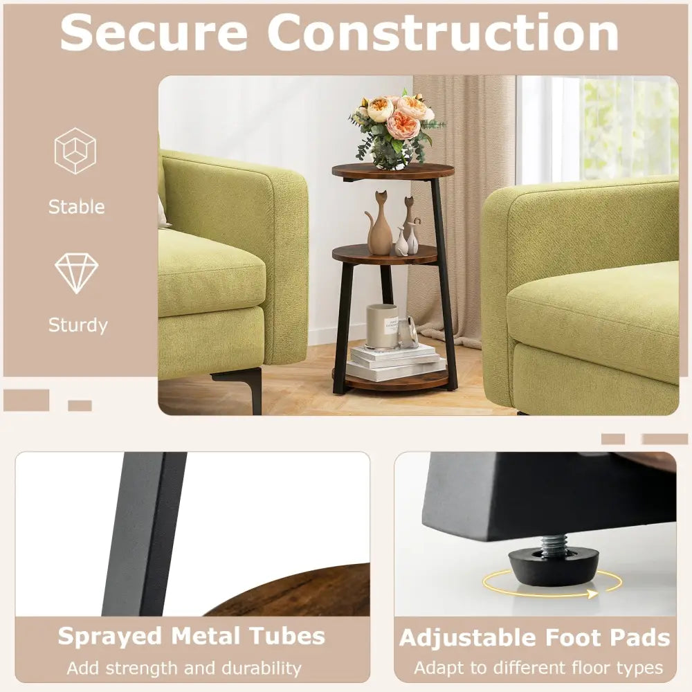 3-Tier Accent Round Side Table with Metal Frame-Set of 2 - Rustic Brown - End & Side Tables