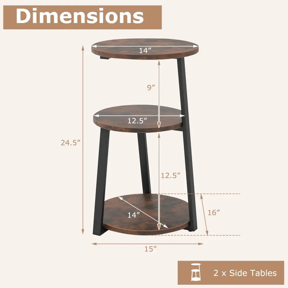 3-Tier Accent Round Side Table with Metal Frame-Set of 2 - Rustic Brown - End & Side Tables