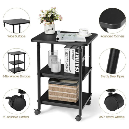 3-tier Adjustable Printer Stand with 360Â° Swivel Casters-Black Costway