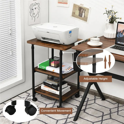 3-tier Adjustable Printer Stand with 360Â° Swivel Casters-Brown Costway