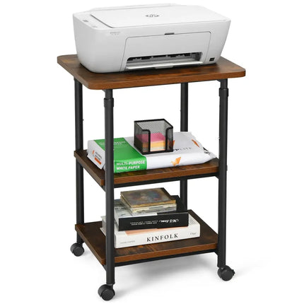 3-tier Adjustable Printer Stand with 360Â° Swivel Casters-Brown Costway