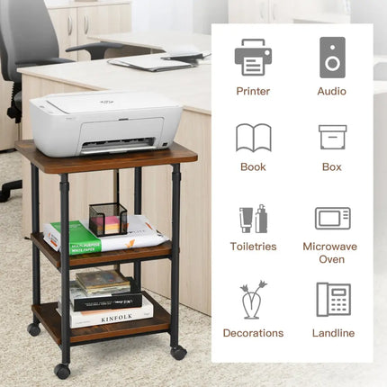 3-tier Adjustable Printer Stand with 360Â° Swivel Casters-Brown Costway