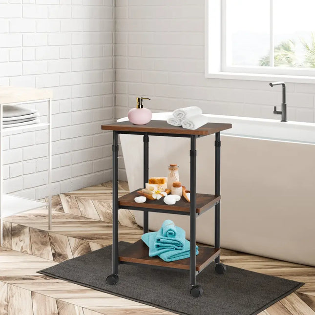 3-tier Adjustable Printer Stand with 360Â° Swivel Casters-Brown Costway