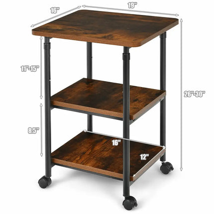3-tier Adjustable Printer Stand with 360Â° Swivel Casters-Brown Costway