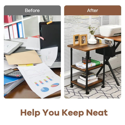 3-tier Adjustable Printer Stand with 360Â° Swivel Casters-Brown Costway