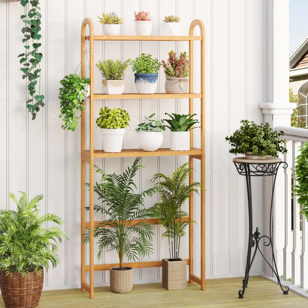 3-Tier Bamboo Bathroom Floor Organizer with 5-Position Shelves and 3 Hooks-Natural - Natural - Over the Toilet Storage