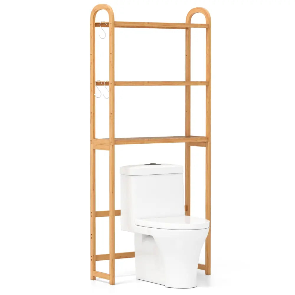 3-Tier Bamboo Bathroom Floor Organizer with 5-Position Shelves and 3 Hooks-Natural - Natural - Over the Toilet Storage