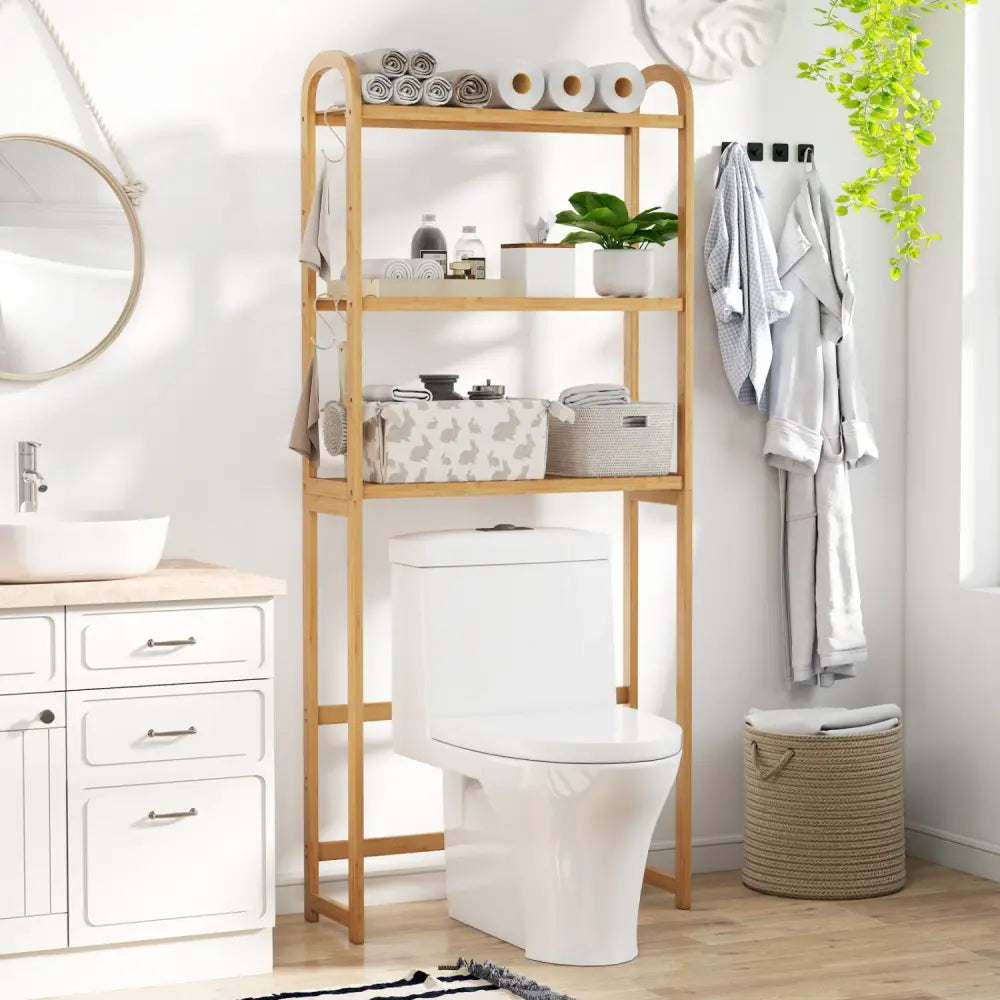 3-Tier Bamboo Bathroom Floor Organizer with 5-Position Shelves and 3 Hooks-Natural - Natural - Over the Toilet Storage