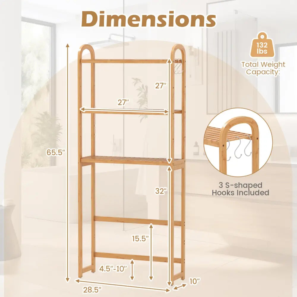 3-Tier Bamboo Bathroom Floor Organizer with 5-Position Shelves and 3 Hooks-Natural - Natural - Over the Toilet Storage