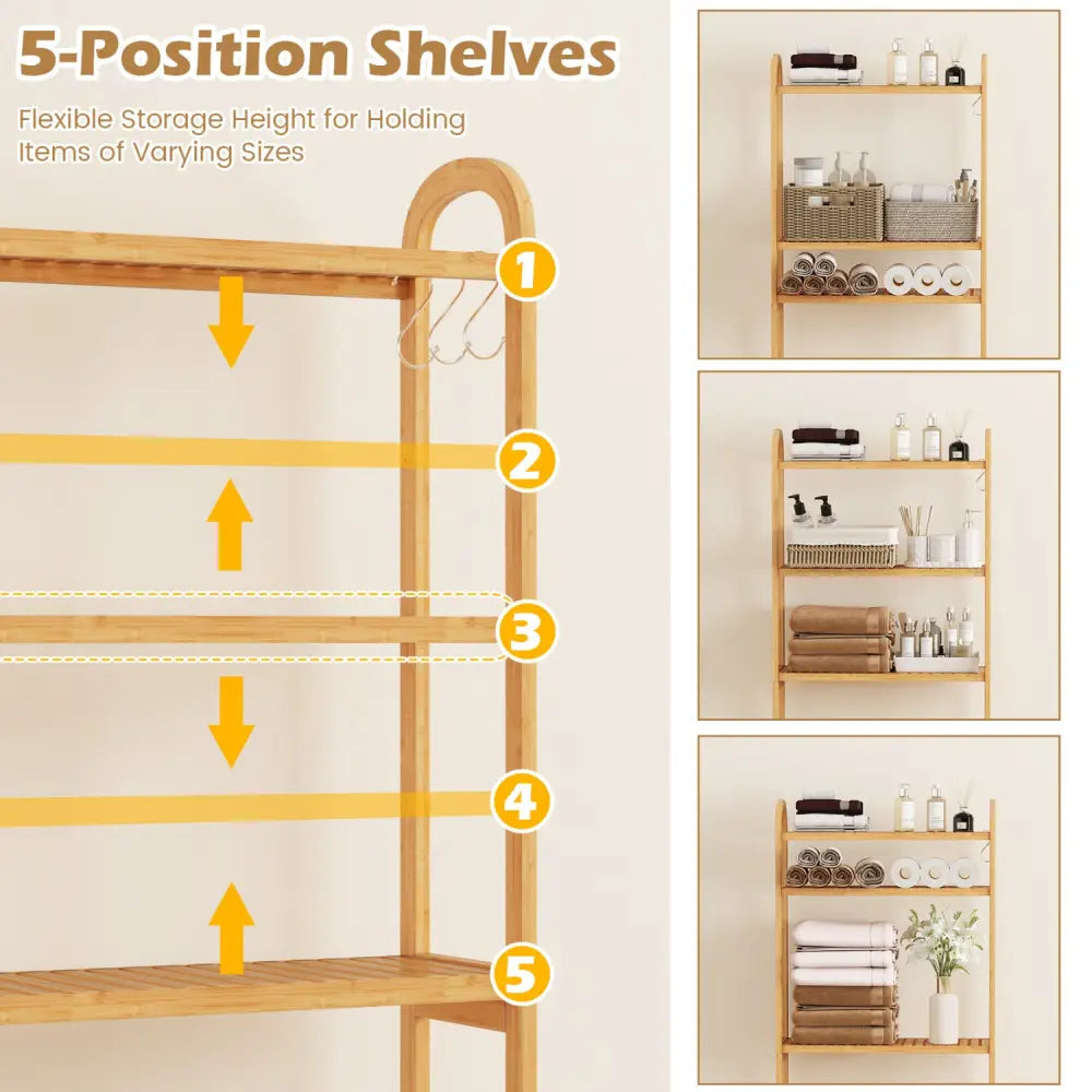 3-Tier Bamboo Bathroom Floor Organizer with 5-Position Shelves and 3 Hooks-Natural - Natural - Over the Toilet Storage